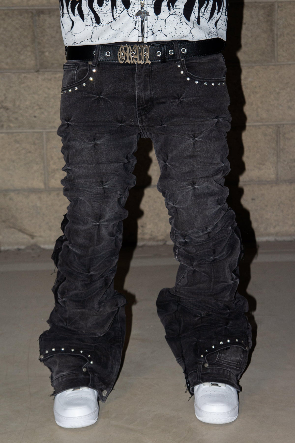 BLACK GREY WRINKLE ULTRA FLARED REVERSE DENIM