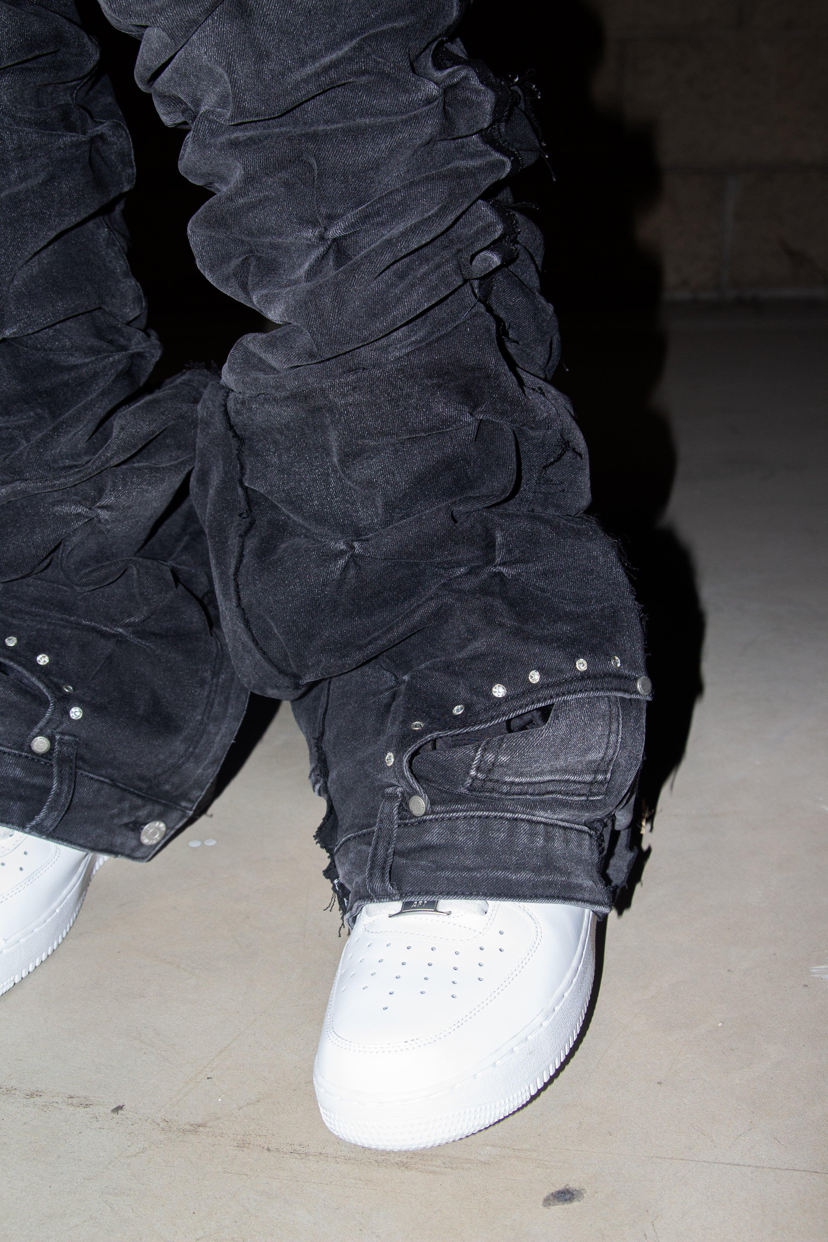 BLACK GREY WRINKLE ULTRA FLARED REVERSE DENIM