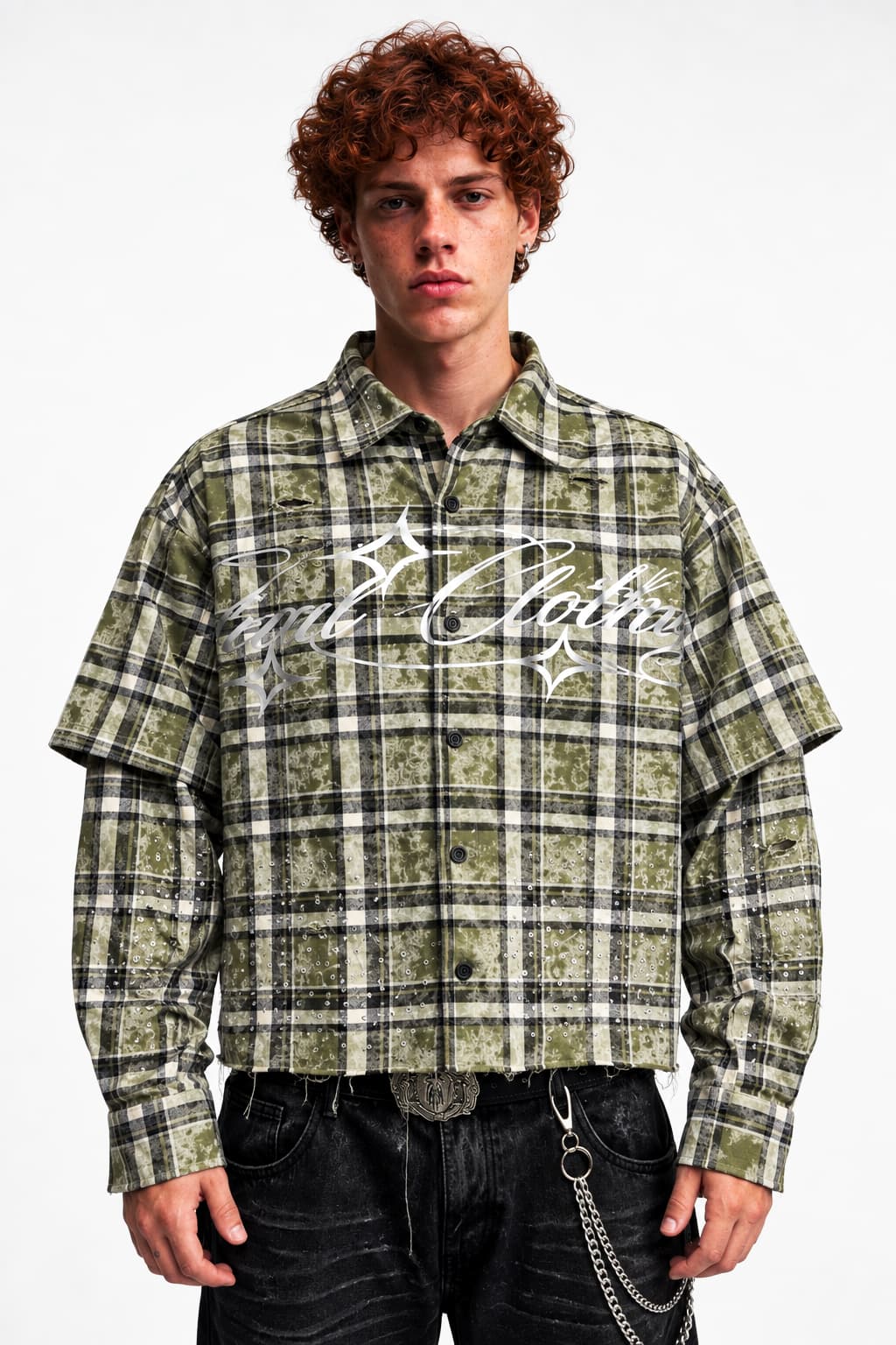 MOSS SHINE DISTRESSED BOXY FLANNEL