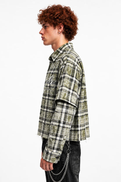 MOSS SHINE DISTRESSED BOXY FLANNEL