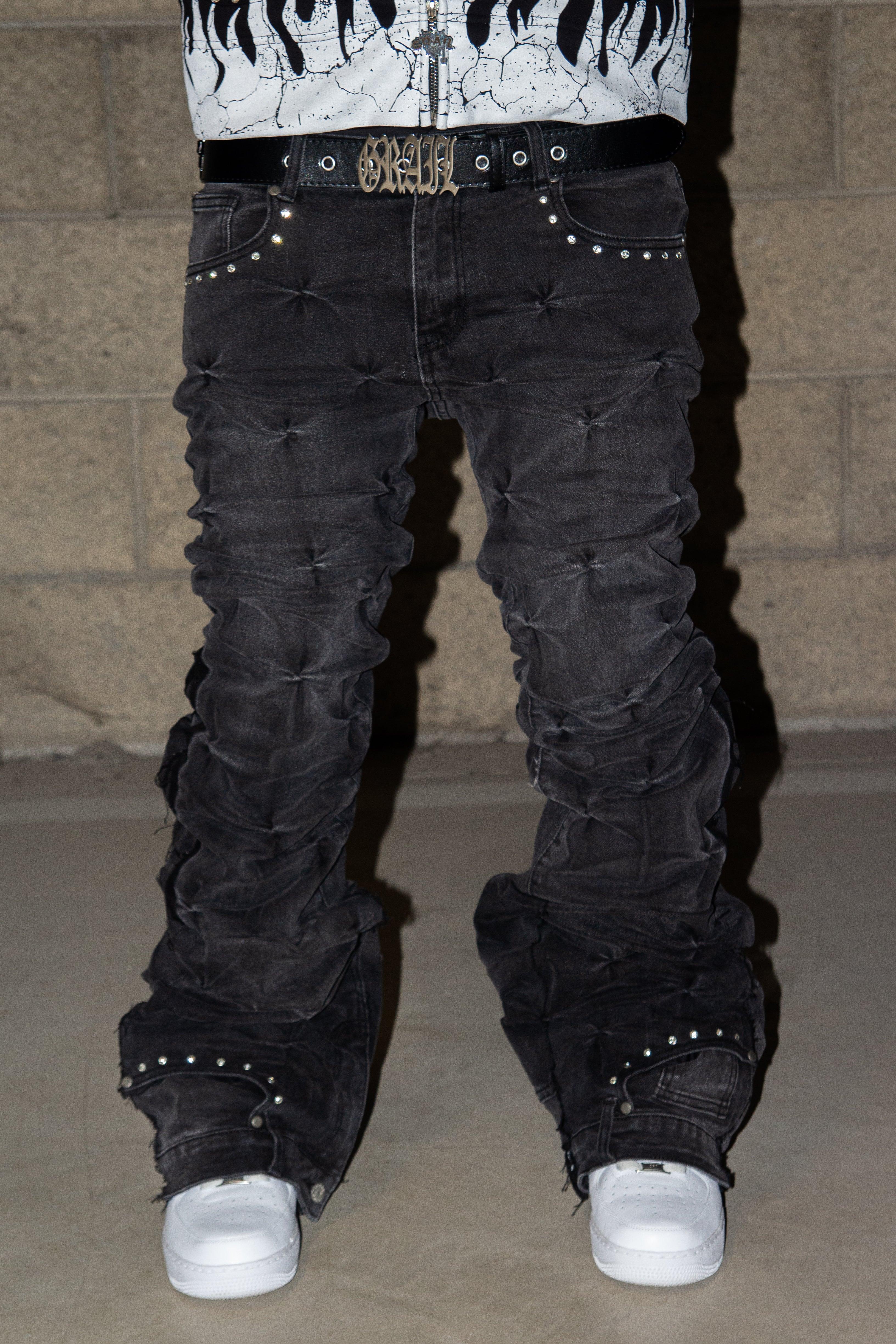 BLACK GREY WRINKLE ULTRA FLARED REVERSE DENIM