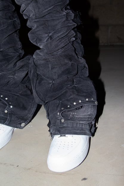 BLACK GREY WRINKLE ULTRA FLARED REVERSE DENIM