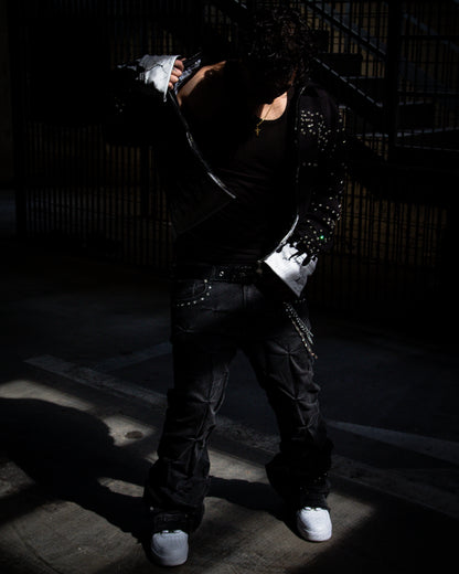 BLACK GREY WRINKLE ULTRA FLARED REVERSE DENIM