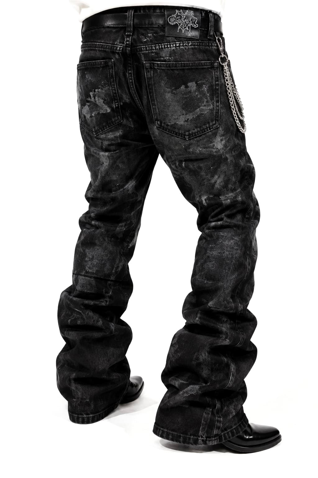 BLACK COATED FLARED JEANS – SEMI-WAXED DENIM