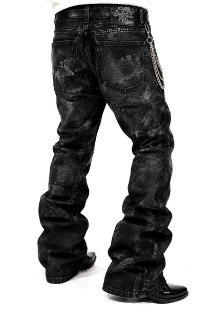 BLACK COATED FLARED JEANS – SEMI-WAXED DENIM