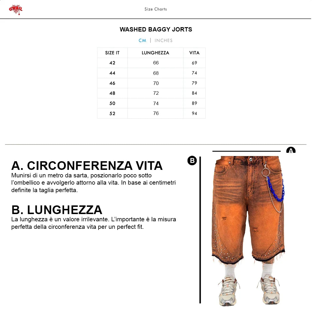 Size Chart per WASHED RUST FADE JORTS