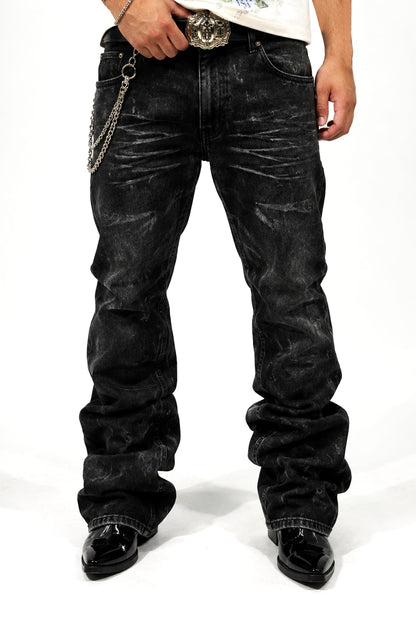 BLACK COATED FLARED JEANS – SEMI-WAXED DENIM
